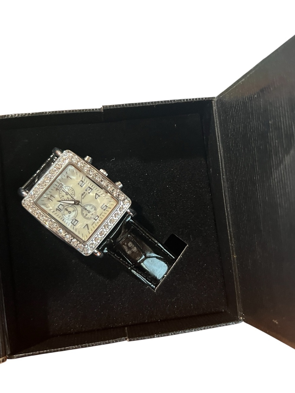 Women’s Black Leather Strap Chronograph Watch with Crystal Bezel Battery - NWT